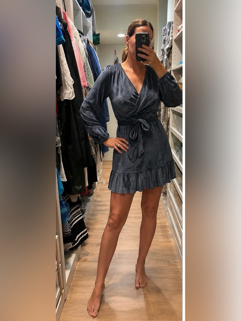 Dex Navy Wrap Tie-Waist Mini Dress with Ruffle Hem